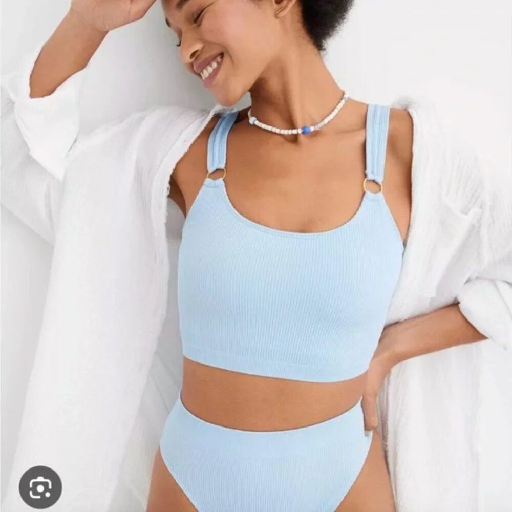 Blue Ribbed Longline O-Ring Bralette